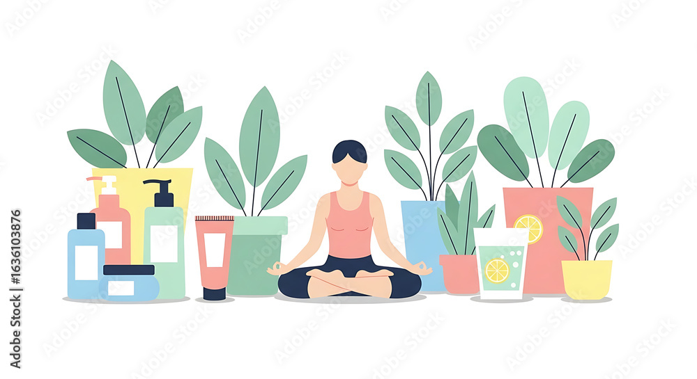 Fototapeta premium A woman meditates in the lotus position surrounded by potted plants and beauty products, with a refreshing drink nearby.