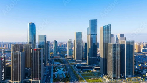 Detailed Cityscape with Modern Skyscrapers and Glass Steel Architecture in Panoramic Aerial View — 4K HD Video Footage Download, Futuristic Urban Skyline

