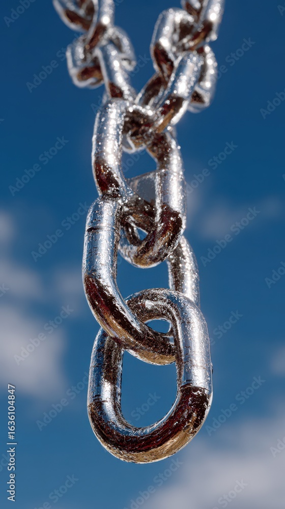 Brightly shining steel chain links hang against a clear blue sky during daytime in an outdoor setting Brightly shining steel chain links hang against a clear blue sky during daytime in an outdoor setting