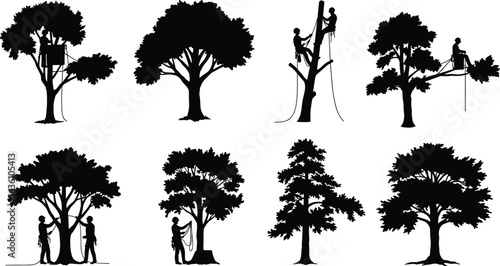 Tree cutting silhouette, arborist climbing, rope safety, tree maintenance, branch trimming, logging work, forest care, pruning service, wood cutting, black illustration
