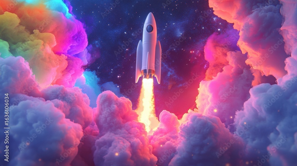 Fototapeta premium Rocket Launch into a Colorful Nebula.