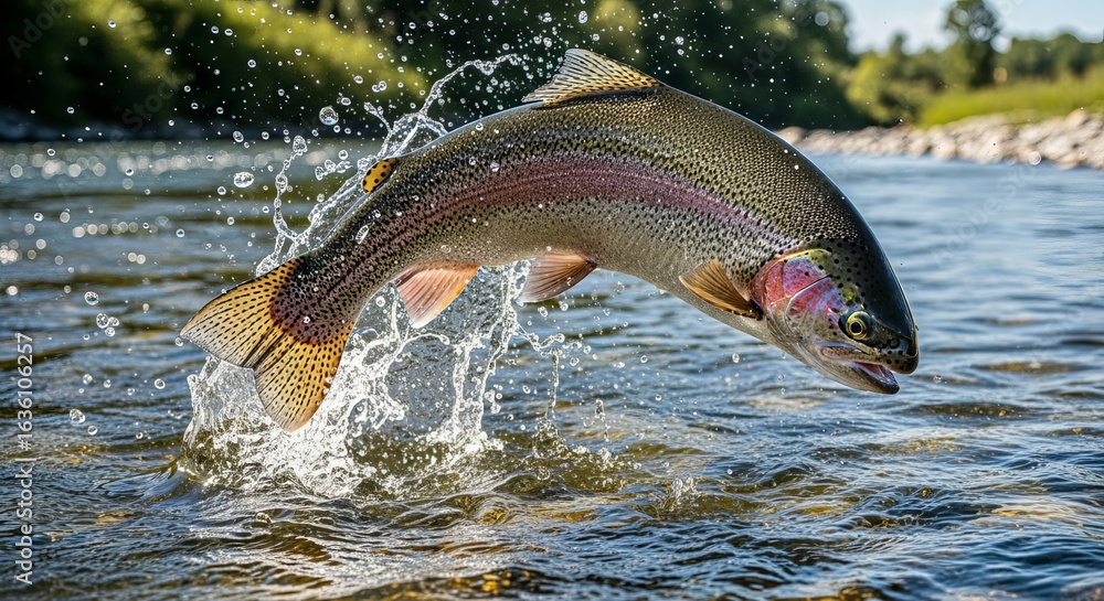 Fototapeta premium Rainbow trout jumping out of water, close up of fish, fishing, wildlife, nature, river, splash shot