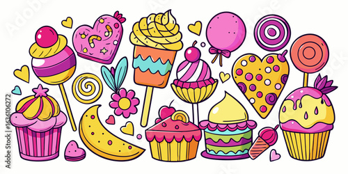 Vibrant collection of colorful sweets and desserts featuring cupcakes, lollipops, and heart-shaped treats, perfect for playful designs and celebratory themes.