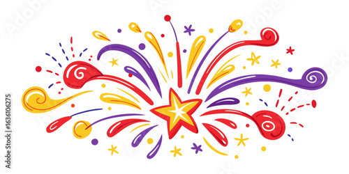 Explosion of vibrant celebratory fireworks bursting with red, purple, and yellow elements, creating a dynamic and festive visual for any joyous occasion