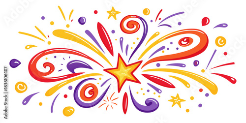 Exploding starburst with vibrant swirls and confetti creates a dynamic festive celebration perfect for parties, holidays, or any joyous occasion
