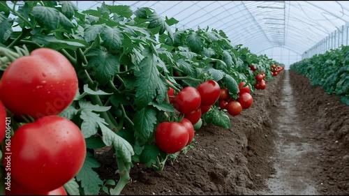 Vibrant red tomatoes ripen on the vine inside a vast, modern greenhouse, showcasing bountiful agricultural production and sustainable farming.