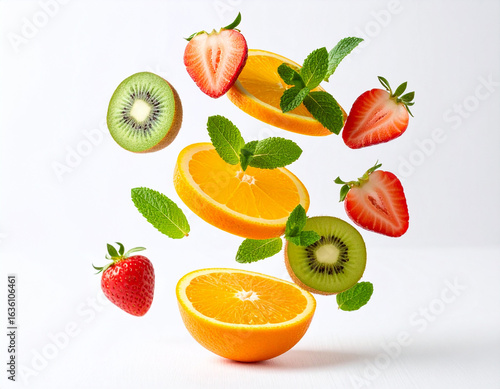 Freshly Sliced Oranges Strawberries And Kiwi Fruits With Mint Leaves