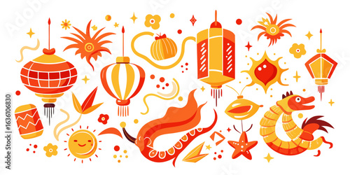 Vibrant celebratory collection featuring festive lanterns, playful sun, and a whimsical dragon, perfect for cultural events and joyful greetings, radiating warmth and excitement