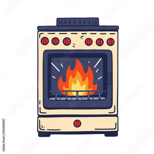 Illustrated stove with flames burning in the oven compartment  