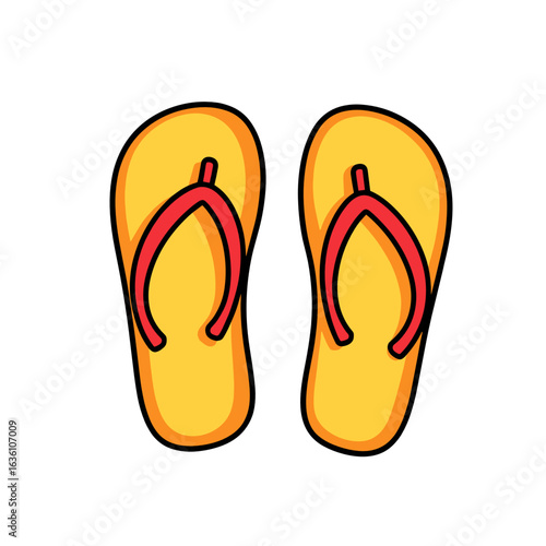 Bright yellow flip flops with red straps on white background  