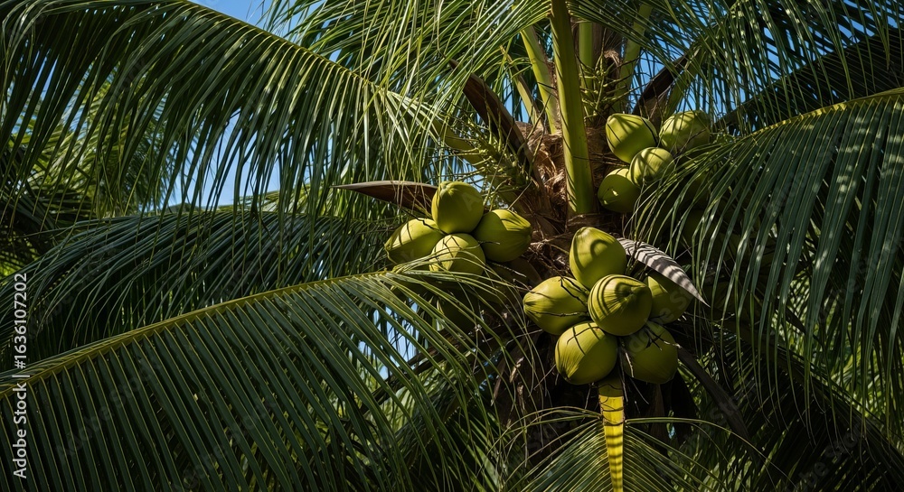 Fototapeta premium Exploring tropical paradise: a close up view of a lush coconut tree with fresh green coconuts