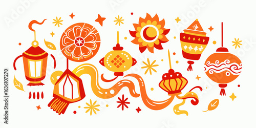 Vibrant collection of festive lanterns and celestial motifs in warm orange and yellow hues, evoking celebration and joy for cultural events and holidays
