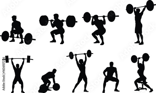 Weightlifting, silhouette, barbell, gym, exercise, fitness, strength, squat, deadlift, press, vector, black