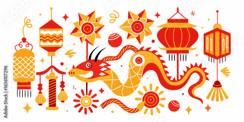 Vibrant Chinese New Year dragon and lantern celebration with festive red and gold decorations creating a joyful and auspicious atmosphere for cultural events and holiday greetings