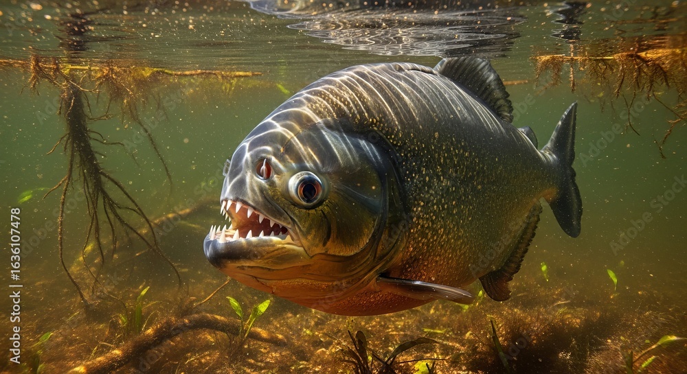 Fototapeta premium Exploring the underwater world: close up of a piranha fish with sharp teeth in its natural habitat