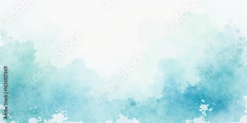 Abstract watercolor sky background with bright sun and white summer clouds