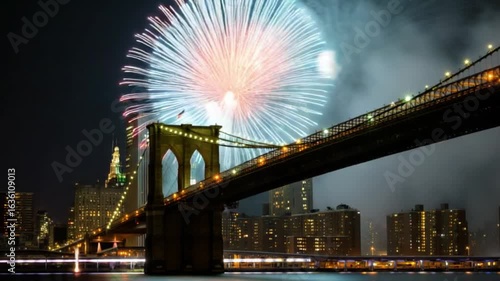 Brooklyn Bridge at Night with Colorful Fireworks Over New York City Skyline in Cinematic Dramatic Lighting — 4K HD Video Footage Download, Ultra Detailed