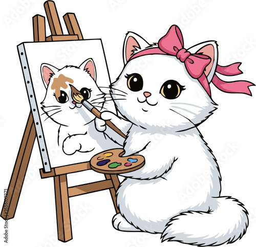 Cute cartoon cat artist with a pink bow painting a portrait on an easel. Adorable kitten holding a paintbrush and palette.