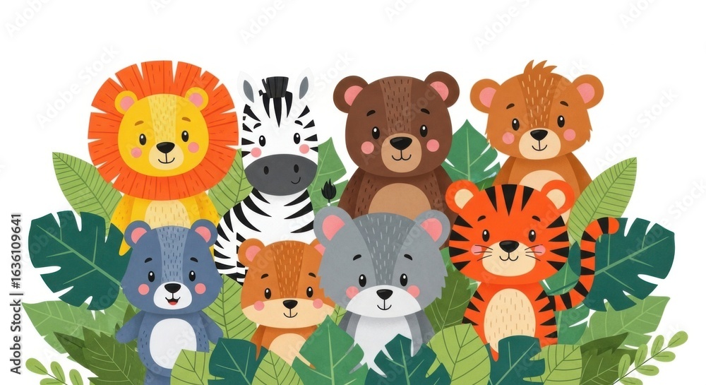 Fototapeta premium A delightful cartoon illustration of various adorable jungle animals surrounded by lush green foliage.