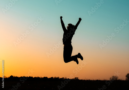 Wallpaper Mural Silhouette of a Triumphant Person Jumping with Joy Against a Sunset Sky Torontodigital.ca