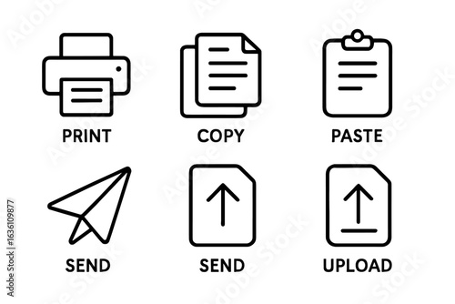 Set of minimalistic icons: print, copy, paste, send, upload