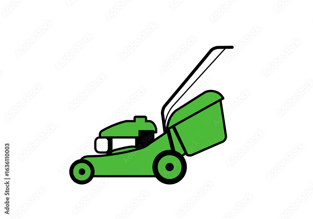 Illustration of a green lawn mower with a black outline and a white background in a simple style Illustration of a green lawn mower with a black outline and a white background in a simple style