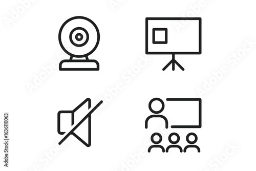 Webcam, projector screen, mute symbol, classroom icons set