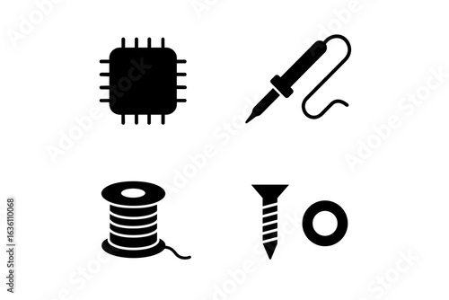 Icons of microchip, soldering iron, wire coil, and screw with washer