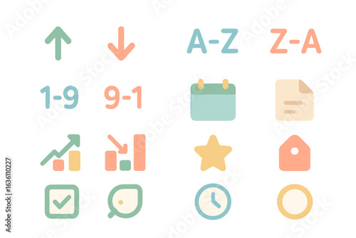 Colorful minimalist icon set featuring arrows, calendar, chart, star, clock, and tags