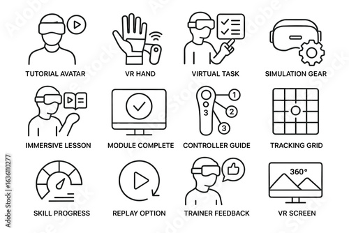 Virtual reality training icons: vr hand, simulation gear, immersive lessons, skill progress