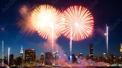 Cityscape Fireworks Display Over Illuminated Night Skyline with Colorful Explosions and Reflections in Water — 4K HD Video Footage Download, Vibrant Urban Celebration