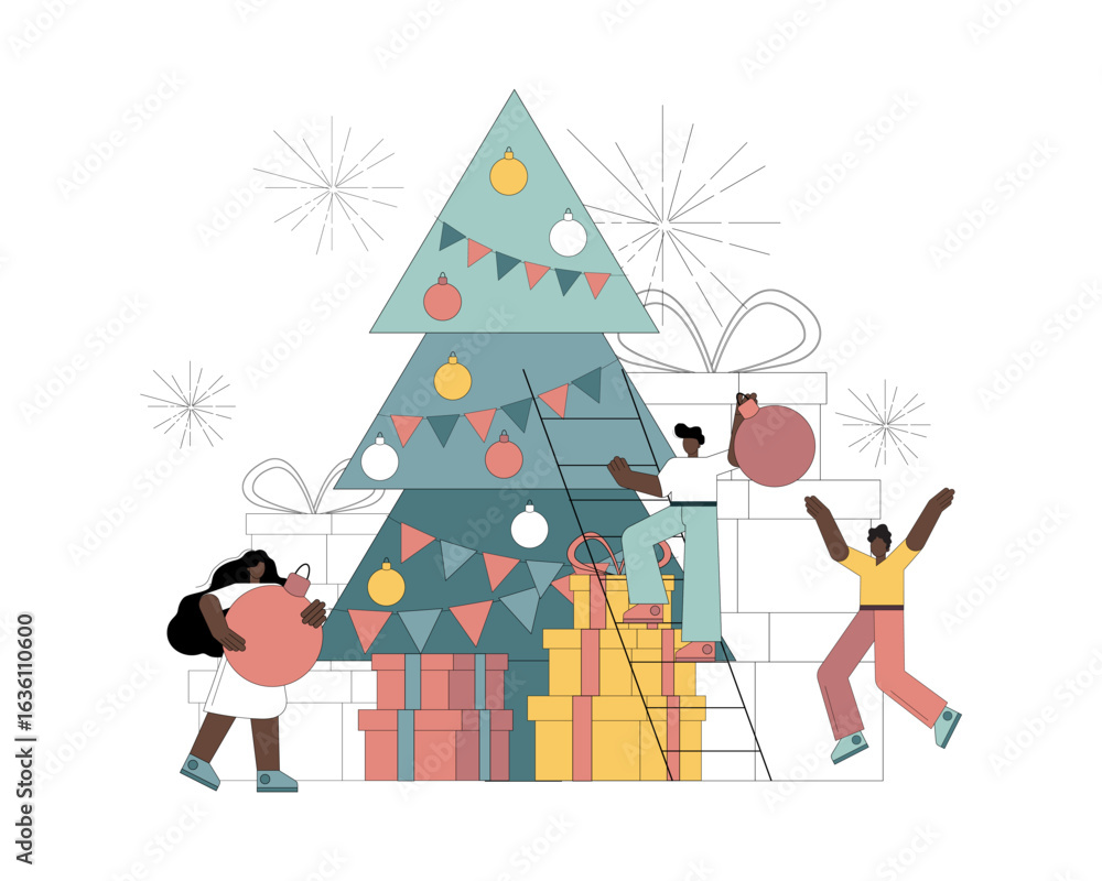 Fototapeta premium People decorate the Christmas tree.eps