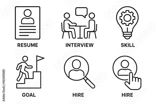 Job recruitment process icons: resume, interview, skill, goal, hire