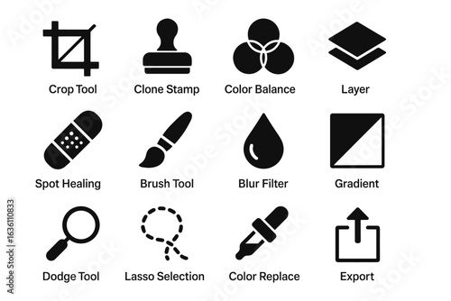 Graphic design tools icons: crop, clone, color balance, layer, spot healing, brush, blur, gradient, dodge, lasso, replace, export