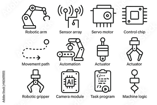 Automation technology icons: robotic arm, sensor array, servo motor, and more