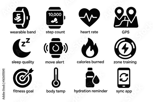 Fitness icons: wearable tech, heart rate, gps, sleep, hydration