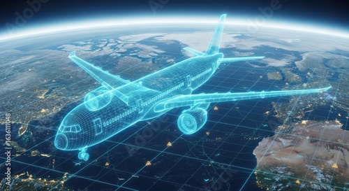 A conceptual image of an airplane with a wireframe design flying over a detailed digital Earth map.