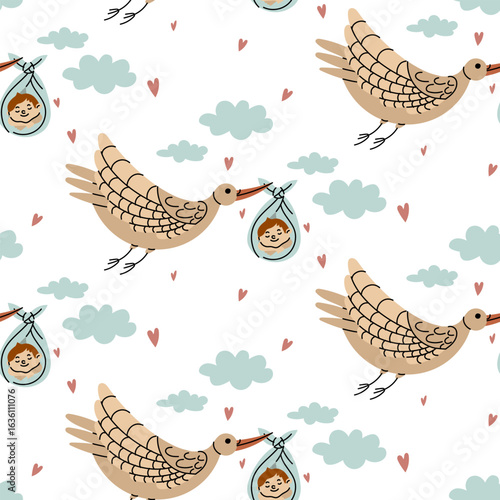 stork pattern flies and holds a baby in its beak. A bird with a baby wrapped in swaddling clothes soars in the clouds. A flat colored seamless texture. Delivering a baby to its parents. Happy Birthday