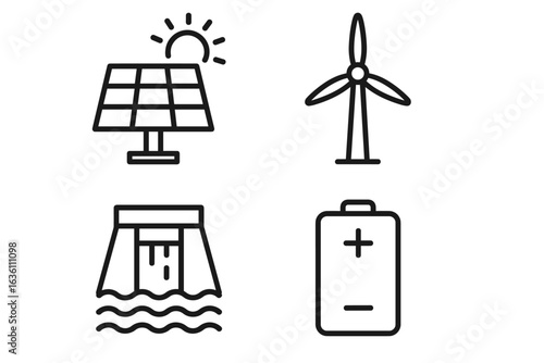 Renewable energy icons: solar, wind, hydro and battery symbols