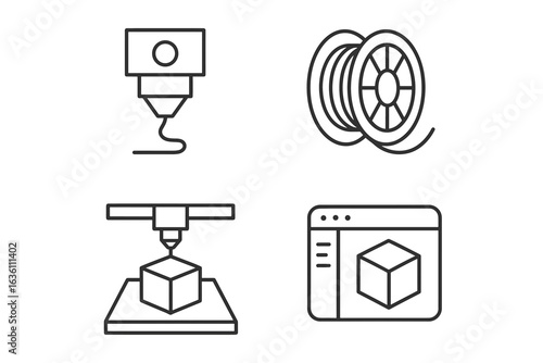 Outline icons of 3d printer, filament spool, printing process, and software interface