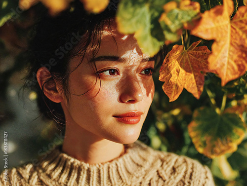 Beautiful Asian woman in cozy knitwear under autumn leaves, softly illuminated by natural light, with a calm and elegant expression in a warm seasonal atmosphere