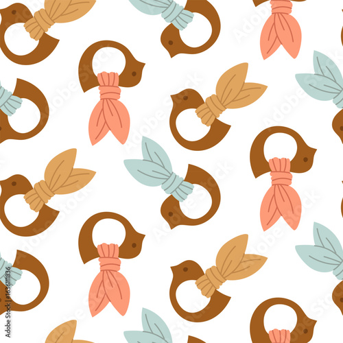Pattern wooden Montessori rattle in shape of bird, tied with multicolored fabric. Flat colored seamless texture. Wooden elements for youngest children to play with. Packaging for children's products