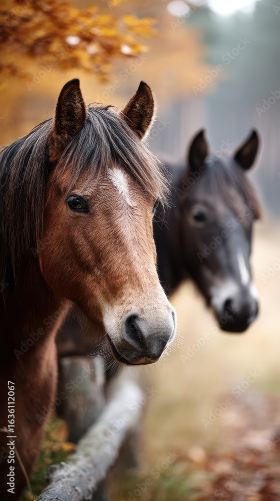 Naklejka premium Horses standing gracefully in the forest during autumn season surrounded by colorful leaves