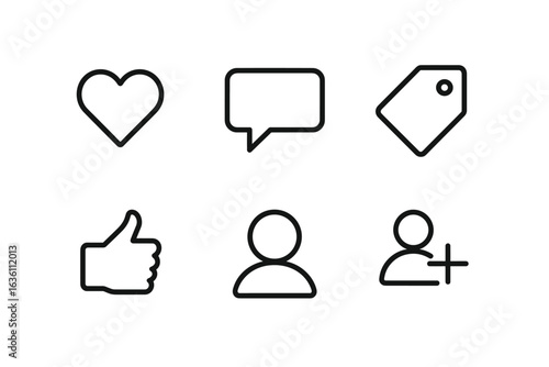 Minimalist icon set: heart, chat, tag, like, user, add