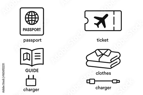 Essential travel items: passport, ticket, guide, clothes, charger icons