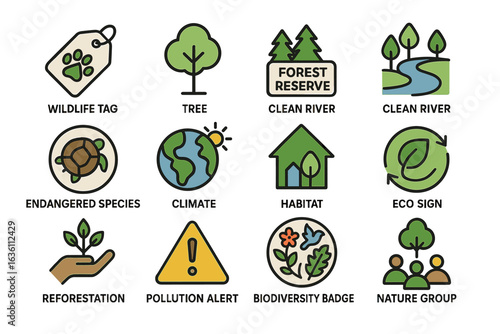 Environmental icons: wildlife tags, forest reserves, eco signs, and reforestation symbols