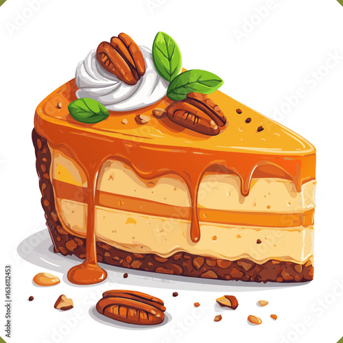 Vector illustration of a pumpkin cheesecake slice with caramel topping, nuts, and leaves, layered and rich in warm tones, isolated on white background