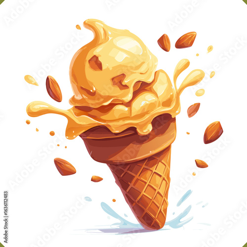 Vector illustration of a pumpkin and matcha swirl ice cream in a waffle cone with splashes, isolated on white background