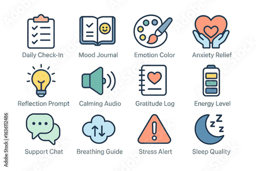 Mental wellness icons: journals, colors, relief, reflection, energy, support, breathing, sleep