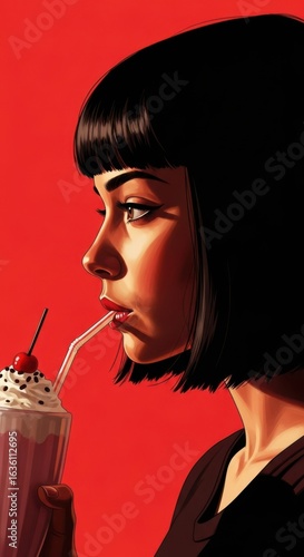 A woman with black bob hair and red lips enjoying a milkshake with a cherry.